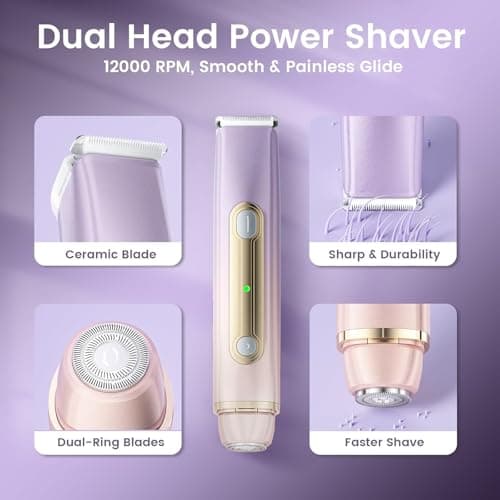 Lmpil Bikini Trimmer for Women, 2-in-1 Electric Razor with Dual Heads, Ceramic Blade, Waterproof & Rechargeable, Painless Pubic Hair Shaver for Bikini, Underarm, Legs, Face — PinkPurple - Thumbnail 2