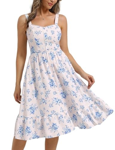Belle Poque Floral Dress for Women Summer Wedding Guest Dresses 2026 Tea Party Dress Flowy Sundress with Pockets (Blue,XL) - Image 1