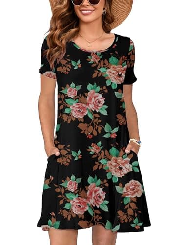 Heymoments Women's Short Sleeve Dress Floral Print Large Crewneck Casual Loose Flowy Below Knee Length Sundress Business A Line Shirt Teachers Summer Novelty Dresses with Pockets - Image 1