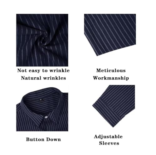 BAYAMO Men's Button-Down Striped Shirts Casual Long Sleeve Cotton Linen Collared Shirts Fashion Business Dress Shirt Navy XL - Thumbnail 6