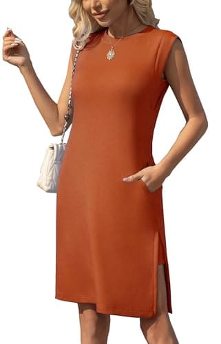 BEXIBOOM Women’s Wrinkle-Free Sleeveless Midi Dress with Pockets, Round Neck Loose Fit Side Slit Summer Dress for Work & Travel Orange Tan L - Image 1