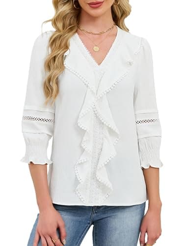 Funlingo Blouses for Women Dressy Casual 3/4 Length Sleeve Womens Tops Ruffle V Neck Lace Crochet Shirts Spring Trendy Clothes White L - Thumbnail 2