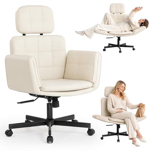 XYPFURN Criss Cross Chair with Wheels & Adjustable Armrests, High Back Faux Leather Executive Desk Chair for Home Office, Comfy Cross Legged Wide Computer Task Chair, Ivory - Image 1