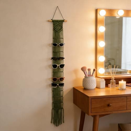 W Wellshine Macrame Sunglasses Holder Boho Wall Hanging Minimalist Eyewear Organizer Wall Sunglasses Rack Sunglasses Display (Sage Green) - Thumbnail 5