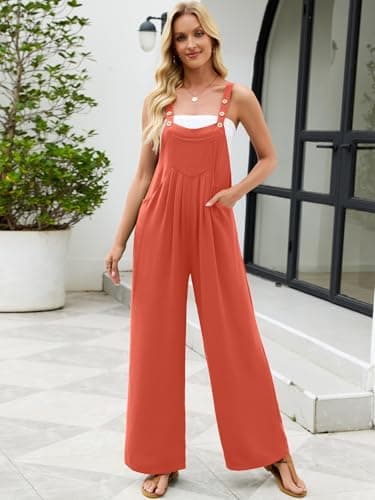 Heymoments Overalls Jumpsuits Rompers for Women Coral Small Casual Maternity Winter Fall Comfy Ladies Loose Fit Dressy Wide Leg One Piece Sleeveless Grils Long Bib Baggy Pants with Pockets - Thumbnail 2