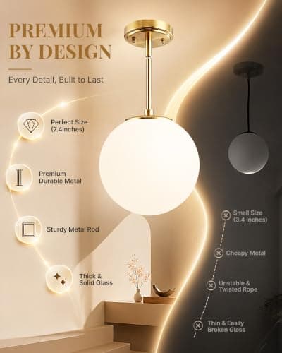 Majade Globe Pendant Lights Kitchen Island Mid Century Modern Pendant Light Fixtures 7.4 Inch Gold Ceiling Lighting with Milk Glass Shade Adjustable Brushed Brass Hanging Light for Dining Room - Thumbnail 2