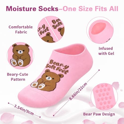 COZYMATE Moisturizing Socks for Women Funny Bear Gel Socks Infused with Vitamin E & JoJoba Oil for Dry Cracked Feet Overnight Spa Self Care Gifts (Pink, One Size) - Thumbnail 3
