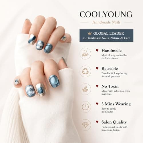 Handmade Nails Blue 3D Press On Nails Acrylic Press Ons Short Handmade Natural Nails Durable Press On Nails Ladies Gifts COOLYOUNG False Nails, 10 PCS, Size L - Thumbnail 2