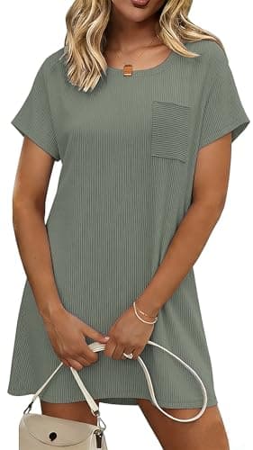 Ekouaer Nightgowns for Women Short Sleeve Sleep Dress Ribbed Viscose with Chest Pocket Soft Sleepwear Army Green - Image 1