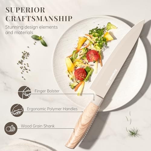 Astercook Knife Set, 6-Piece Kitchen Knife Set with Block, High Carbon Stainless Steel Ultra Sharp Kitchen Knives, Wood Grain Handle, Dishwasher Safe Knife Block Set, Khaki - Thumbnail 5