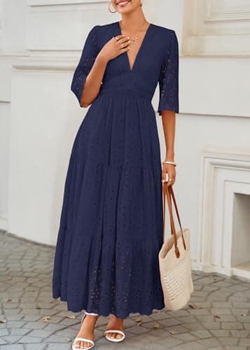 Lazysmile Long Sleeve Dresses for Women V Neck Hollow Out Eyelet Ruffle Swing A-Line Fall Vacation Boho Maxi Dress Navy - Thumbnail 4