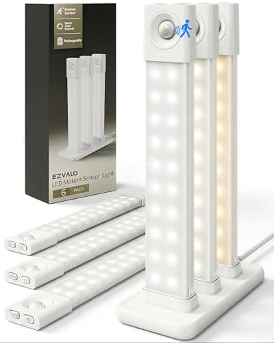 EZVALO 6 Pack LED Under Cabinet Lights Wireless with Charging Station, 8 inch Motion Sensor Light Indoor, 1100mAh Rechargeable, 3 Color Temperatures, Dimmable Closet Lights for Pantry, Hallway, Stair