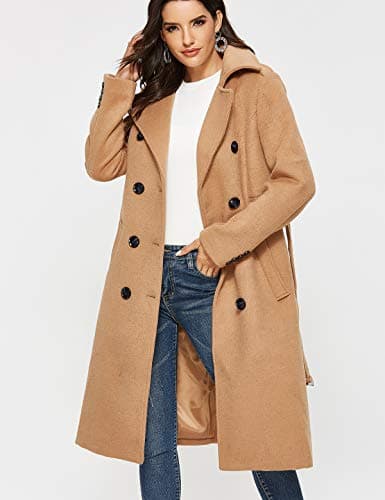 Escalier Womens Wool Coat Double Breasted Pea Coat Winter Long Trench Coat with Belt Camel L - Thumbnail 4
