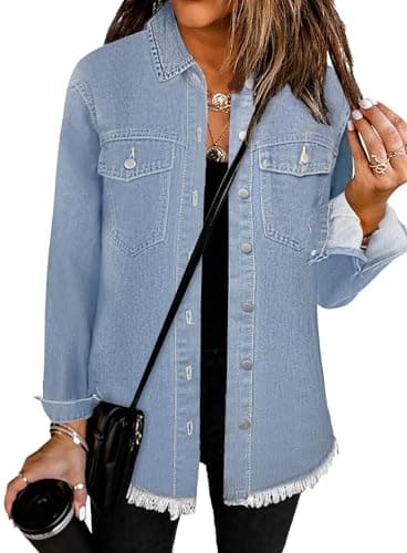 Bosmeer Women's Oversized Jean Jacket Casual Long Sleeve Plus Sized Denim Shirts Distressed Frayed Hem Denim Jackets Cowboy Outfits for Women - Image 1