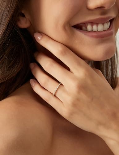 EAMTI 1.5mm Wedding Bands for Women Sterling Silver Half Eternity Stackable Ring 14K Gold Plated CZ Stones Rings Size 10 - Thumbnail 4