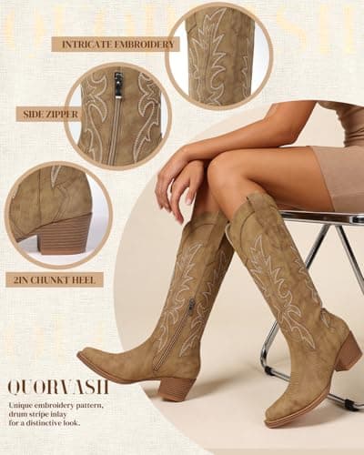 Quorvash Cowboy Boots for Women, Knee High Wide Calf Cowgirl Boots with Side Zipper, Snip Toe Western Boots, Brown Size 9.5 - Thumbnail 4