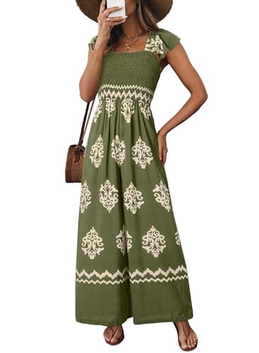 Happy Sailed Jumpsuit for Women Dressy Casual Spring Summer Square Neck Cap Sleeve Graphic Printed Boho Jumpsuits Baggy Overalls Wide Leg Long Pants Rompers Cruise Outfits 2026 Green Small - Image 1