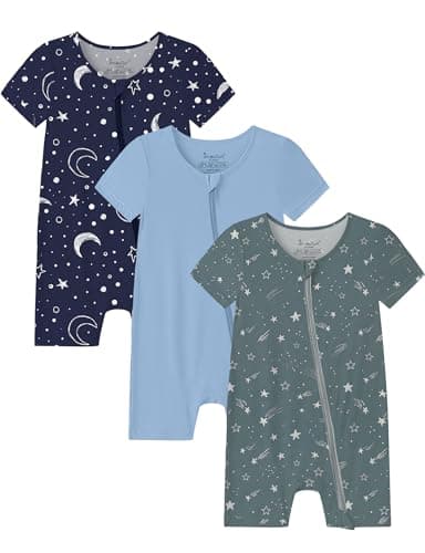 Jimonda Baby Romper Short Sleeve Footless Jumpsuit Rayon From Bamboo Boy Girl Summer Clothes 2-Way Zipper Pajamas 3-Pack(Stars&Moon&Blue,3-6 Months) - Image 1