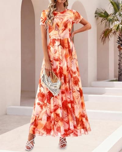 BTFBM Spring Dresses for Women 2026 Formal Short Sleeve Floral Homecoming Dress Maxi Wedding Guest Vacation Outfits(Floral Orange Red,XX-Large) - Thumbnail 3