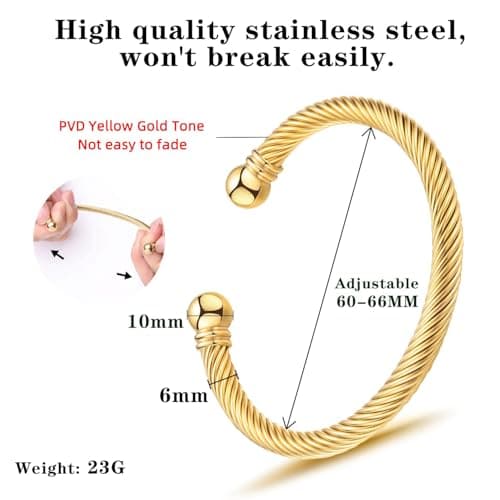 BOLAGTIER Stainless Steel Twisted Cable Wire Bracelets Adjustable Open Cuff Bangle Bracelet Vintage Jewelry Gift for Women (C-Yellow Gold) - Thumbnail 5