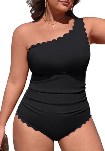 Charmo Womens Swimsuits Plus Size One Piece Modest One Shoulder Swim Suit Tummy Control Ruched Bathing Suits Black 4X - Image 1