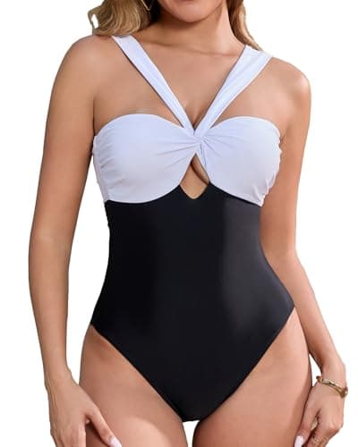 HAIVIDO Women's Cutout One Piece Swimsuits Padded Bathing Suit Color Block V Neck Twist Front Modest Wide Straps Swimming Suit White Black L - Image 1