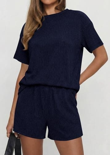 KIRUNDO 2 Piece Sets for Women Summer Shorts Lounge Set Matching Ribbed Knit Short Sleeve Top Airport Travel Vacation Outfits(Navy, XX-Large) - Thumbnail 5