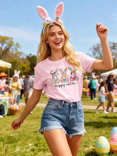 Easter Shirts for Women Funny Bunny Shirt Cute Rabbit Graphic T Shirt Happy Easter Casual Tshirt Short Sleeve Tops Pink - Thumbnail 4