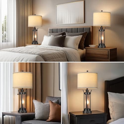 QiMH Farmhouse Table Lamps for Living Room, Beside Lamps for Bedroom with USB A+C Charging Ports, Rustic Nightstand Lamp Set of 2 with Frosted Glass Night Light, 4 Bulbs Included (Black) - Thumbnail 6