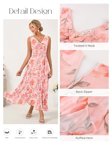 GRACE KARIN Women's Summer Sleeveless Maxi Dress V Neck Floral Wedding Guest Dress Beach Vacation Clothes Orange Floral 2XL - Thumbnail 2