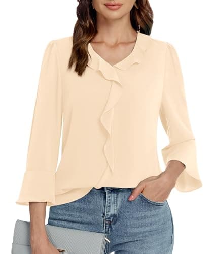 Funlingo 3/4 Sleeve Tops for Women Business Casual V Neck Dressy Chiffon Blouse Office Summer Work Ruffle Flowy Shirt Beige M - Image 1