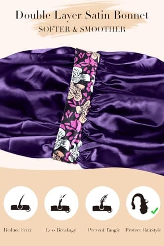 Vettres Silk Bonnet for Sleeping Straight Hair Satin Turban Hair Cover for Sleeping Silk Bonnet with Tie Purple Flower - Thumbnail 5