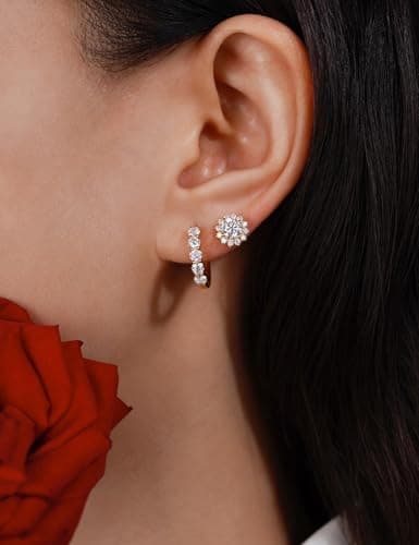 IMOLOVE Moissanite Stud Earrings in Sterling Silver With Yellow Gold Plated Trendy Flower Shaped Halo Earrings for Women - Thumbnail 4