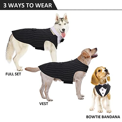 DORA BRIDAL Dog Tuxedo for Small Dogs,Dog Suit and Bowtie, Formal Dogs Wedding Outfit, Pet Tuxedo and Bandana Set Valentines Birthday Christmas Party Costumes for French Bulldog, Pomeranian, Striped,S - Thumbnail 2