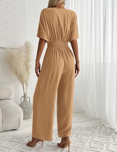 LOOKBOOK Jumpsuit for Women Dressy Elegant Wide Leg Casual V Neck Short Sleeve Summer One Piece Outfits with Pockets Khaki S - Thumbnail 3