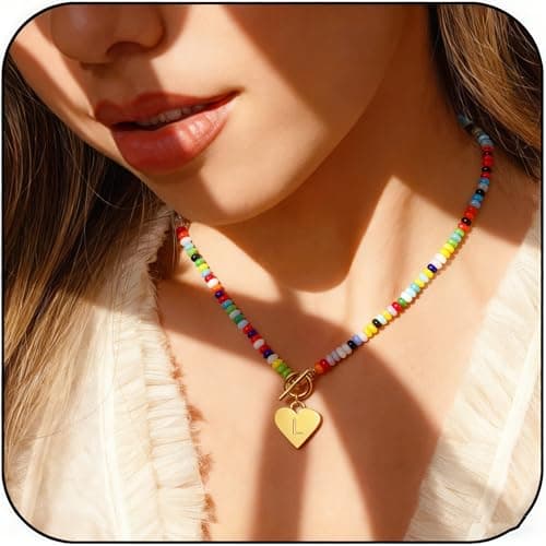 ARZASGO Initial Necklace for Women - Colorful Beaded Necklace Love Initial Letter Pendant Choker, Personalized A-Z Letter Necklaces Jewelry Gift - Thumbnail 4