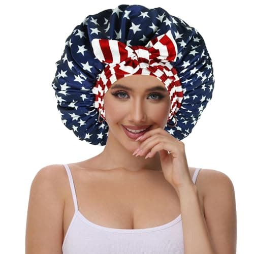 Vettres Satin Lined Sleep Cap Silk Bonnet Double Layer Bonnet with Tie Satin Hair Bonnet for Sleeping Flag - Thumbnail 2
