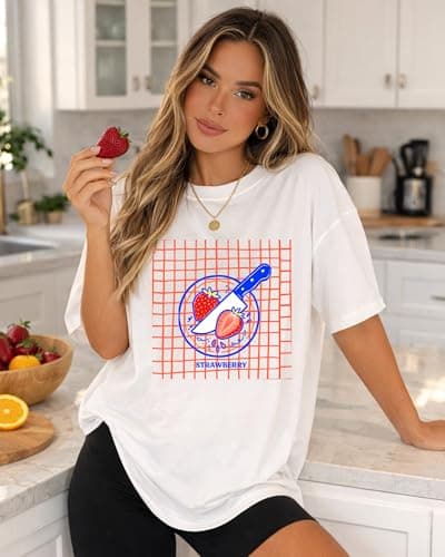 Aiyino Yk2 Womens Oversized Graphic T Shirt 100% Cotton Strawberry Fruit Shirt Casual Summer Loose Fit Tee XL - Thumbnail 5