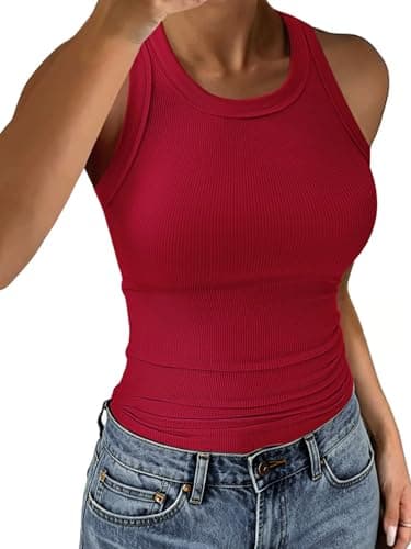 C.O.Z.Y Tank Tops for Women Ribbed Racerback Top Shirts High Neck Tank Casual Slim fit Basic Summer Tops Red XXL - Image 1