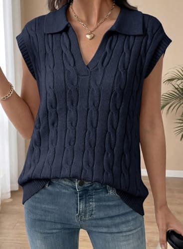 Dokotoo Vest Tops for Women V Neck Lapel Collar Cable Knit Women Vest Cable Knit Womens Vest Top 2025 Trendy Blue Small - Thumbnail 3