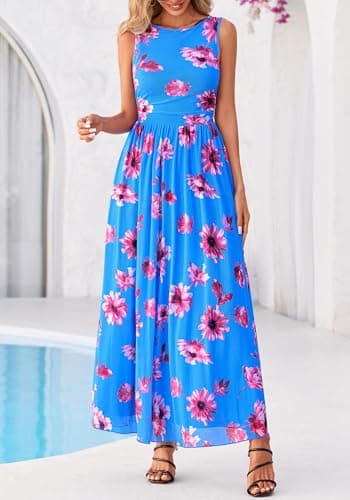 BTFBM Summer Dresses for Women 2026 Floral Maxi Dress Sleeveless Mesh Flowy Spring Wedding Guest Dress Long Sundresses(Blue Red Flower, Small) - Thumbnail 5