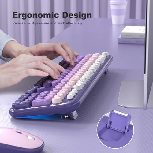 Atelus Wireless Keyboard and Mouse, 2.4G USB Retro Full Size Typewriter Keyboard and Cute Mouse Combo for Windows 7/8/10, Laptop, Desktop, PC, Computer (Purple) - Thumbnail 4