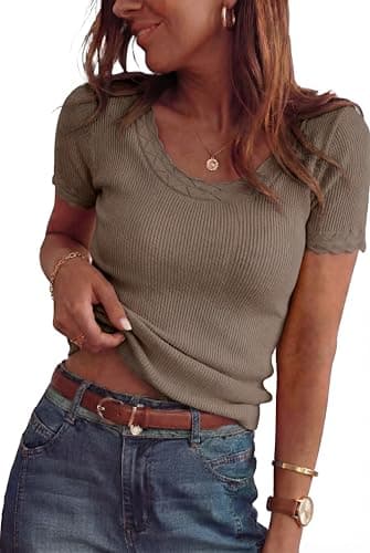 Arach&Cloz Women's 2026 100% Cotton Spring Summer Tops Scoop Neck Short Sleeve Sweater Shirts Pullover Lightweight Soft Cozy Slim Fit Stretchy Business Casual Outfits Work Clothes Trendy Coffee S - Image 1