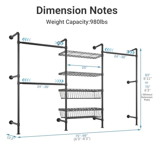 Timate X3 Expandable Heavy Duty Clothes Rack Wall Mounted Clothing Rack for Hanging Clothes, Industrial Pipe Closet System for Walk in Closet Kit Wall Mount Clothes Rack with Basket, Black Wall Closet - Thumbnail 5