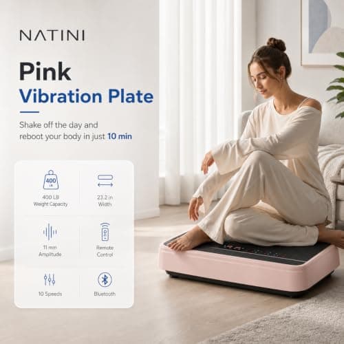 Natini Vibration Plate Exercise Machine - Whole Body Vibration Platform Machine with Pilates Bar Resistance Bands for Home Fitness Training Equipment & Weight Loss (Pink) - Thumbnail 2