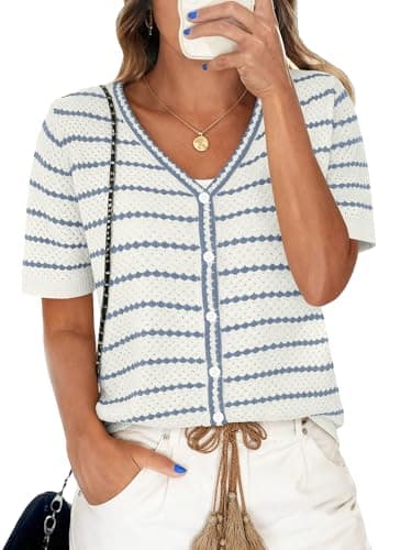 COCCKO Womens V Neck Summer Striped Cardigan Puff Sleeve Ruffle Lightweight Knit Sweaters Open Front Button Down Tops Blue M - Image 1