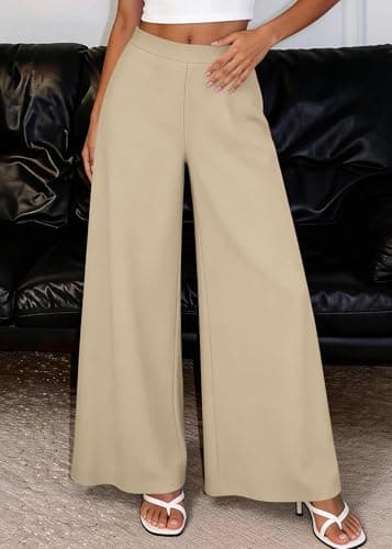 KIRUNDO Palazzo Pants for Women Dressy 2026 Spring Slacks Wide Leg High Waisted Business Casual Work Trousers with Pockets(Beige, Large) - Thumbnail 3