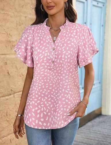 LOOKBOHO Blouse for Women Dressy Casual Ruffle Short Sleeve Boho Tops Fashion V Neck Pink Dot Button Down Shirts Summer S - Thumbnail 4