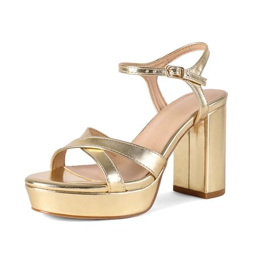 Erocalli High Heels for Women Chunky Sandals Gold Heeled Round - Platform, Strappy, Open Toe, Block, Summer Adjustable，Wedding Shoes - Image 1