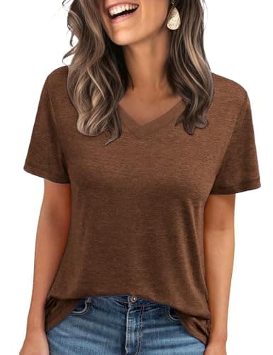 C.O.Z.Y Short Sleeve T-Shirts V Neck T Shirts for Women Light Weight Casual Summer Top Outfit Clothes 2025 Brown L - Image 1